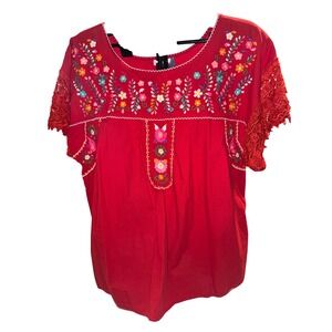 Unik Red Floral Embroidered Crochet Lace Sleeve Blouse XXL Womens Boho Top